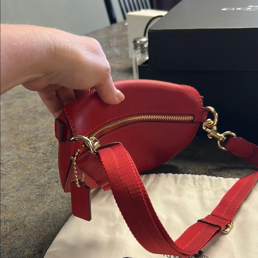 Coach Red Pebbled Leather Crossbody Belt Bag with Matching Card Case